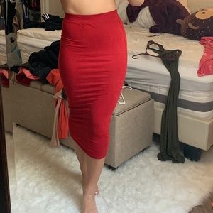 AKIRA red faux suede midi skirt
